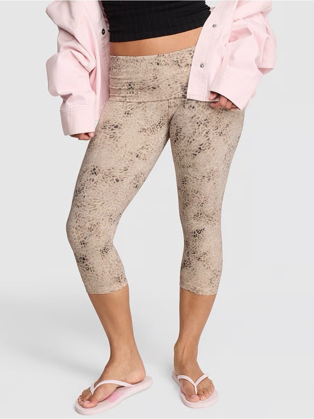 Pink All Day Foldover Capri Leggings Beige Small NWT